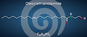 Oleoylethanolamide, oleoyl ethanolamide, OEA molecule. It is ethanolamide of oleic acid, monounsaturated analogue of