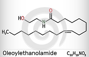 Oleoylethanolamide, oleoyl ethanolamide, OEA molecule. It is ethanolamide of oleic acid, monounsaturated analogue of