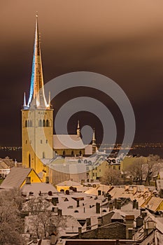 Oleviste cathedral on winter night, Tallinn, Estonia