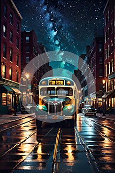 An olf bus crossing a new york city street, in the old time, with cafes, buildings, wet road, starry sky, night scene, shop
