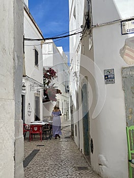 A typical street on Olhao, a city on Algarve region, Portugal.