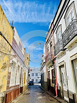 A typical street on Olhao, a city on Algarve region, Portugal.