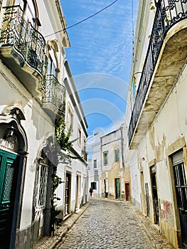 A typical street on Olhao, a city on Algarve region, Portugal.