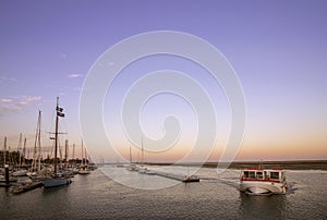 Olhao recreational boat Marina at dusk, in Algarve destination. Portugal.