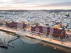 Olhao with two market buildings by Ria Formosa, Algarve, Portugal