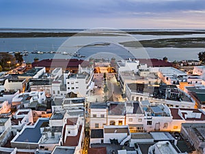 Olhao with two market buildings by Ria Formosa, Algarve, Portugal