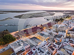 Olhao with two market buildings by Ria Formosa, Algarve, Portugal