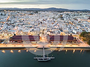 Olhao with two market buildings by Ria Formosa, Algarve, Portugal