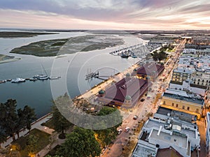 Olhao with two market buildings by Ria Formosa, Algarve, Portugal