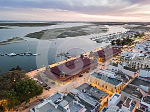 Olhao with two market buildings by Ria Formosa, Algarve, Portugal