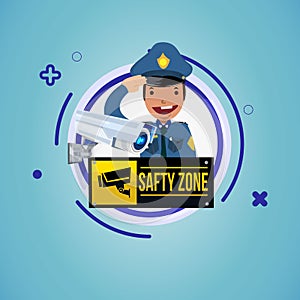 Olice chacter design with CCTV or Surveillance camera. safty zone sign - vector illustration photo