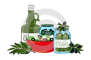 Oliva product foodstuff icon, food cooking salad, european italian olive oil flat vector illustration, isolated on white