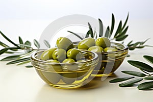 Olive bowls accented by charming olive twigs against a clean white backdrop