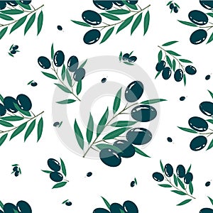Olive branch black fruits, green leaves seamless pattern on white