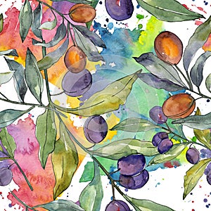 Olive branch with black and green fruit. Watercolor background illustration set. Seamless background pattern.