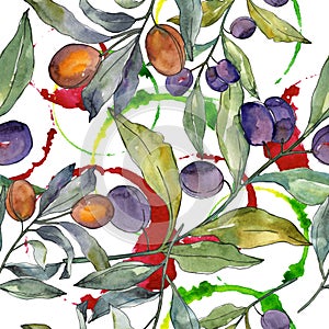 Olive branch with black and green fruit. Watercolor background illustration set. Seamless background pattern.