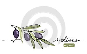 Olive branch with black olives. Simple vector illustration. One continuous line art drawing with lettering organic