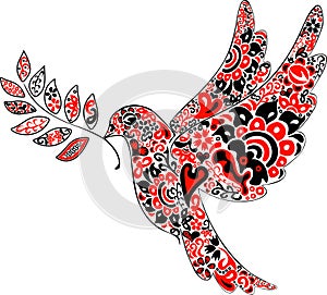 Olive branch dove of peace sign in red and black colors and transparent ethnical pattern