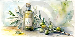 Olive branch with fruits and leaves and a bottle of olive oil, watercolor horizontal banner, AI generated.