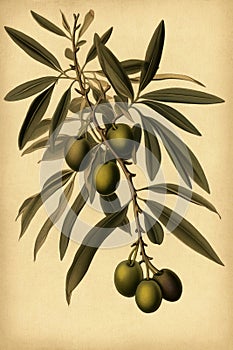 Olive branch with green olives as illustration against yellow vintage paper background. Generative AI