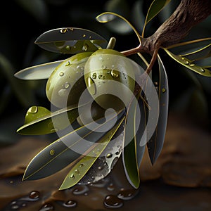 Olive branch with green olives wet from the morning rocio - Generated Artificial Intelligence - AI photo