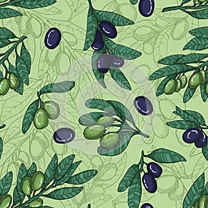 Olive branch with leaves seamless pattern