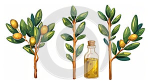 Olive branch set with oil bottle illustration. Cartoon illustration of berry on skewer and yellow liquid spots. Natural