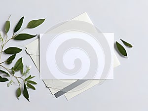 An olive branch and a stack of blank invitation cards on a white background of soft linen.