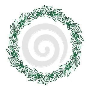 Olive branches circle frame floral ornament. Line pattern background. Editable outline stroke. Vector line.