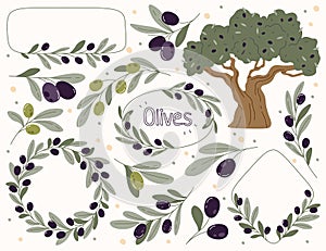Olive branches flat illustrations set. Ripe green and black olives fruits with decorative leaves and wreath