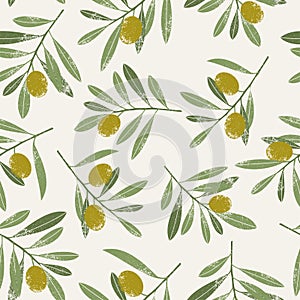 Olive branches and leaves seamless pattern. Olive tree vintage botanical background.