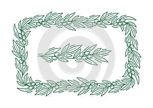 Olive branches square, rectangular frame floral ornament. Line pattern background. Editable outline stroke. Vector line.