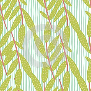 Olive colour floral branches on light background with blue lines. Seamless spring pattern