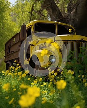 An olive drab cargo truck slowly succumbs to the embrace of ivy and vibrant yellow dandelions. Abandoned landscape. AI