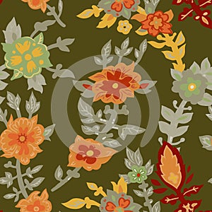 Olive Green Floral Seamless Pattern