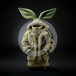 Olive green fur-lined hooded jacket with long bubby ears. AI-generated.