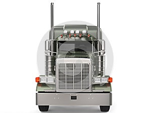 Olive green metallic big long haul truck - front view