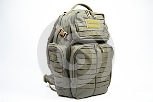 olive green tactical backpack with molle, on white