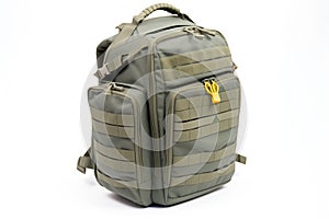 olive green tactical backpack with molle, on white