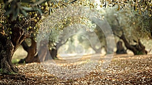 Olive grove, olive trees nature landscape, olive oil commercial produce, food industry and retail