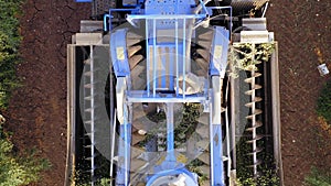 Olive harvester passing over rows of olive trees and softly shaking and detaching the olives off the branches.