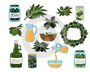 Olive isolated set, healthy organic food ingredient, branch with leaves, vector illustration