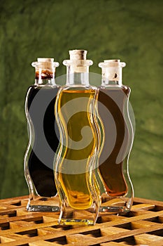 Olive oil and balsamic vinegar bottles.