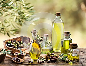 Olive oil and berries are on the wooden table.