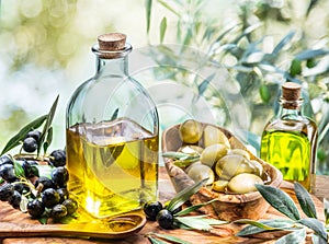 Olive oil and berries are on the wooden table under the olive tr