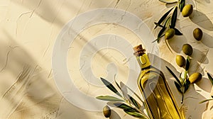 Olive oil bottle ad background with copyspace, vegetable oil commercial produce, food industry and retail