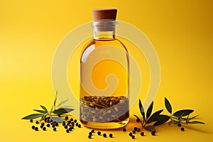 Olive oil bottle with a blend of spices set against a yellow background