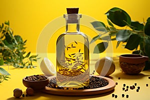 Olive oil bottle with a blend of spices set against a yellow background