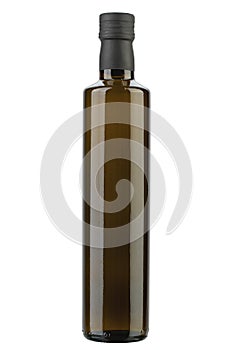 Olive oil bottle in closeup isolated on white background