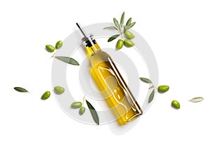 Olive oil in bottle and fresh olives. Above view